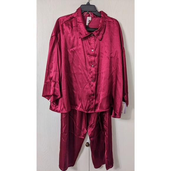 Joyspun Women Burgundy Button Down Top Elastic Waist Pant Set Sleepwear Size 3XL - Picture 1 of 11
